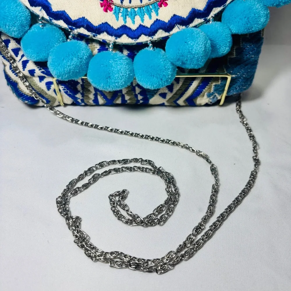 Paper Source Embroidered Pom Pom Crossbody Bag Blue Pink Boho Geometric Clutch